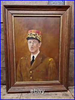 Général de Gaulle en Angleterre PORTRAIT GRANDE & BELLE PEINTURE 1945. WW2