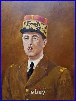 Général de Gaulle en Angleterre PORTRAIT GRANDE & BELLE PEINTURE 1945. WW2