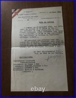 Lettre original de Forces Françaises de l'Intérieur FFI de novembre 1944