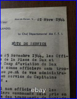 Lettre original de Forces Françaises de l'Intérieur FFI de novembre 1944