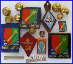 Lot grouping WWII Libération 1° DB 38° FTA 1° Armée Rhin et Danube Insignes etc