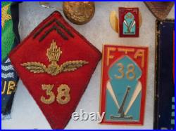 Lot grouping WWII Libération 1° DB 38° FTA 1° Armée Rhin et Danube Insignes etc