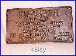 Plaque Baldwin Locomotive Works Train Sncf Transportation Corps Us Army 1946