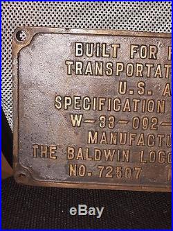 Plaque Baldwin Locomotive Works Train Sncf Transportation Corps Us Army 1946