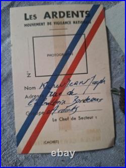 Rare Carte Identite FFI Reseau Les Ardents Bordeaux Libe Liberation 1944 Insigne